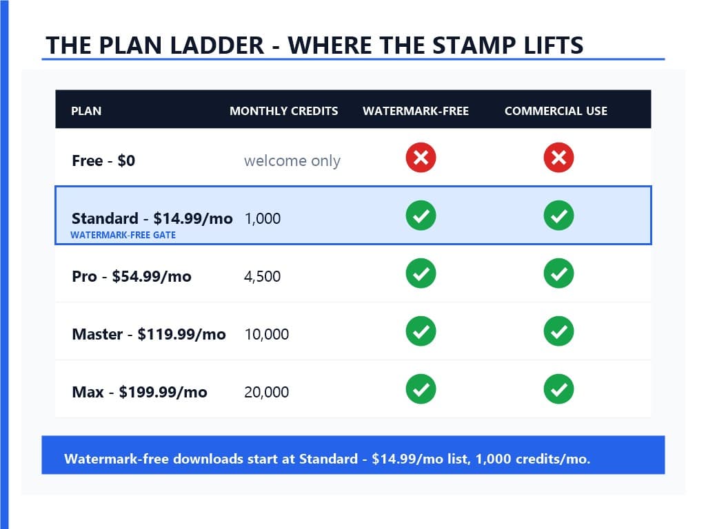 Plan-by-plan ladder showing the free tier locked to watermarked downloads and the watermark-free gate opening at Standard with 1,000 monthly credits