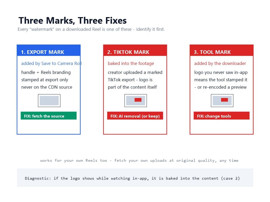 Diagram of three watermark types on downloaded Reels: Instagram export mark fixed by source fetching, TikTok mark baked into footage requiring AI removal, and downloader-added marks fixed by switching tools
