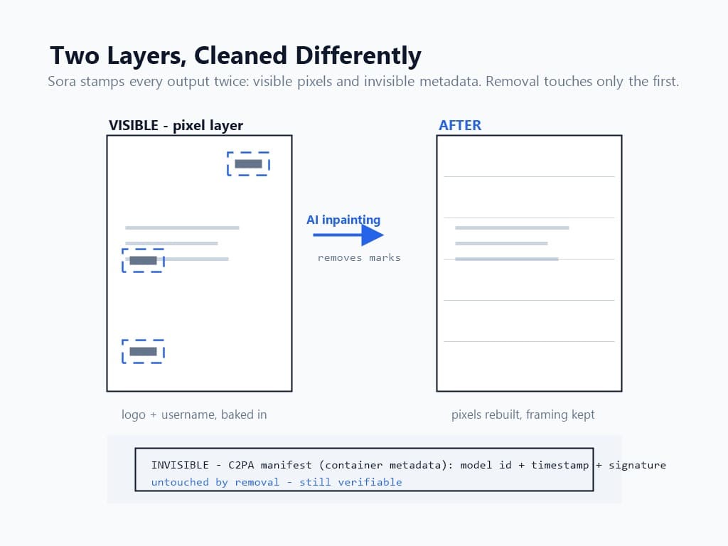 Two-layer diagram showing the visible pixel layer with three watermark regions before and after AI inpainting, above an untouched C2PA manifest metadata container
