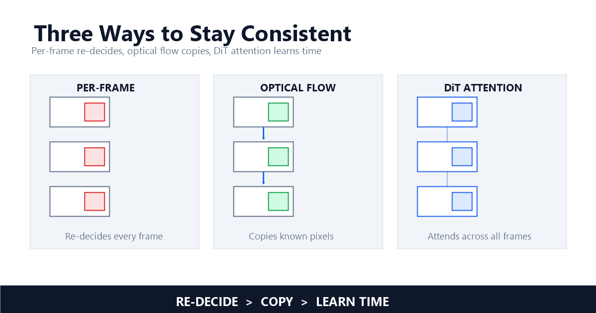 Three consistency strategies compared: per-frame inpainting re-decides every frame, optical flow copies known pixels between frames, and DiT attention spans all frames to learn temporal consistency