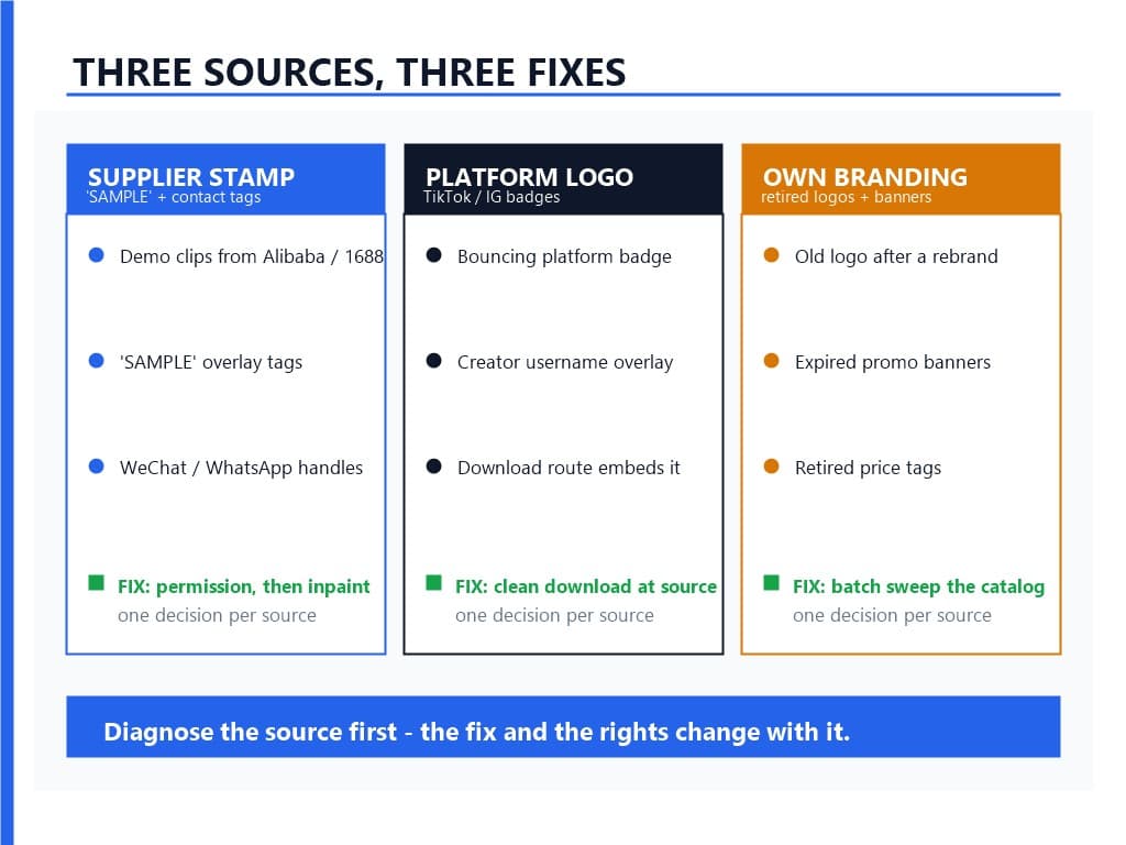 Supplier stamps, platform logos, and retired branding each need a different fix