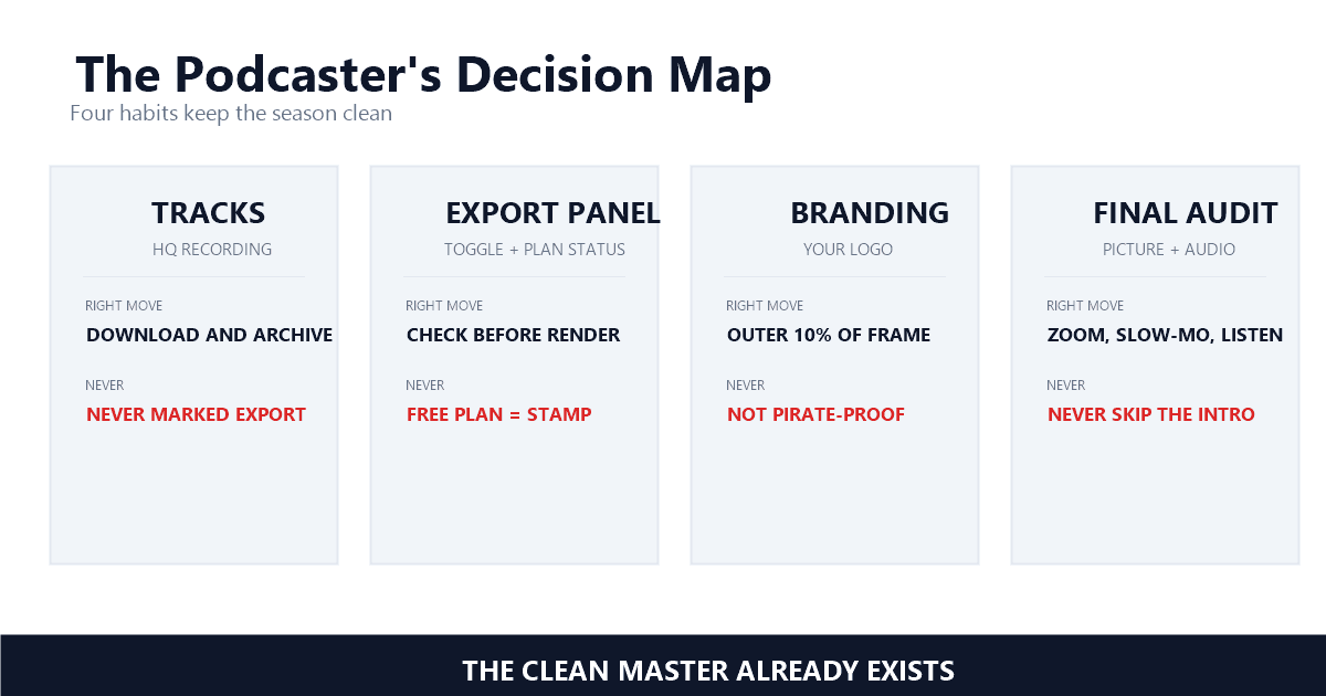 A podcast episode workflow decision map: multi-track masters first, export panel check, own branding, and a final audit covering both picture and audio marks