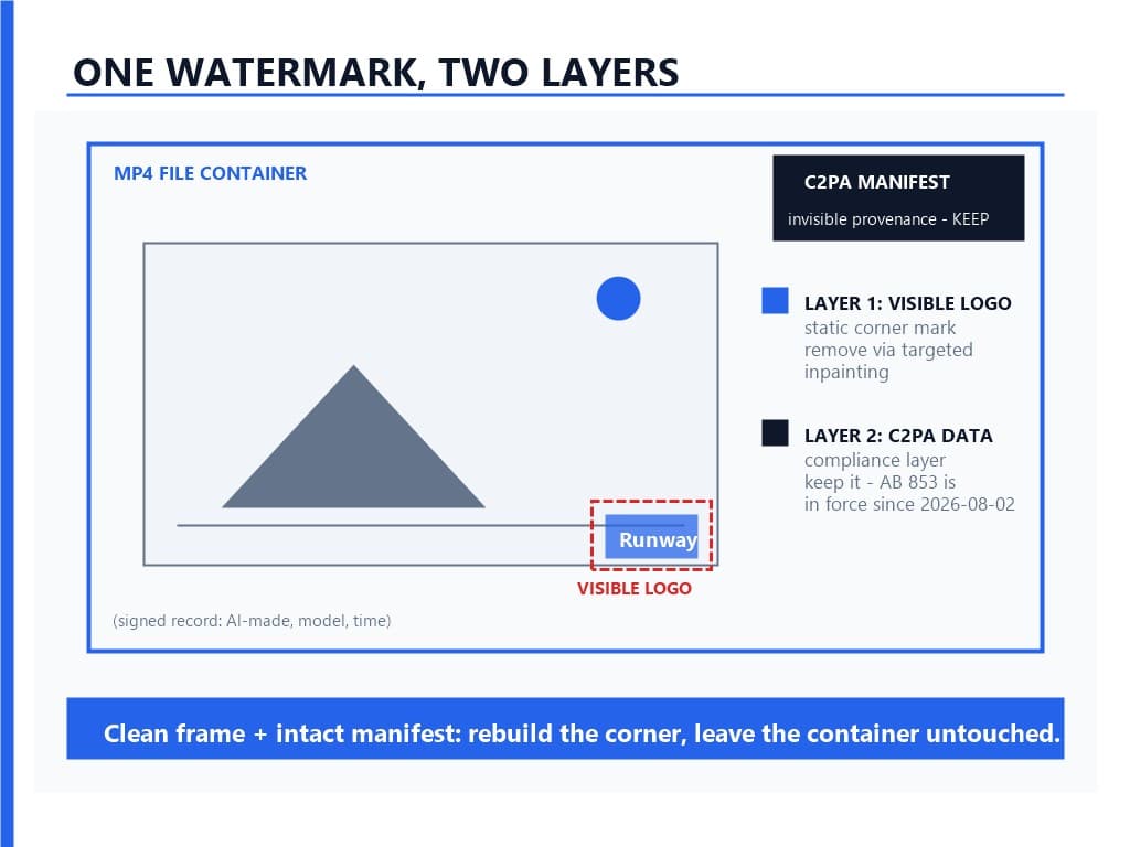 Diagram of the two watermark layers inside one file: the visible corner logo that targeted inpainting removes, and the C2PA manifest inside the MP4 container that stays for compliance under California AB 853