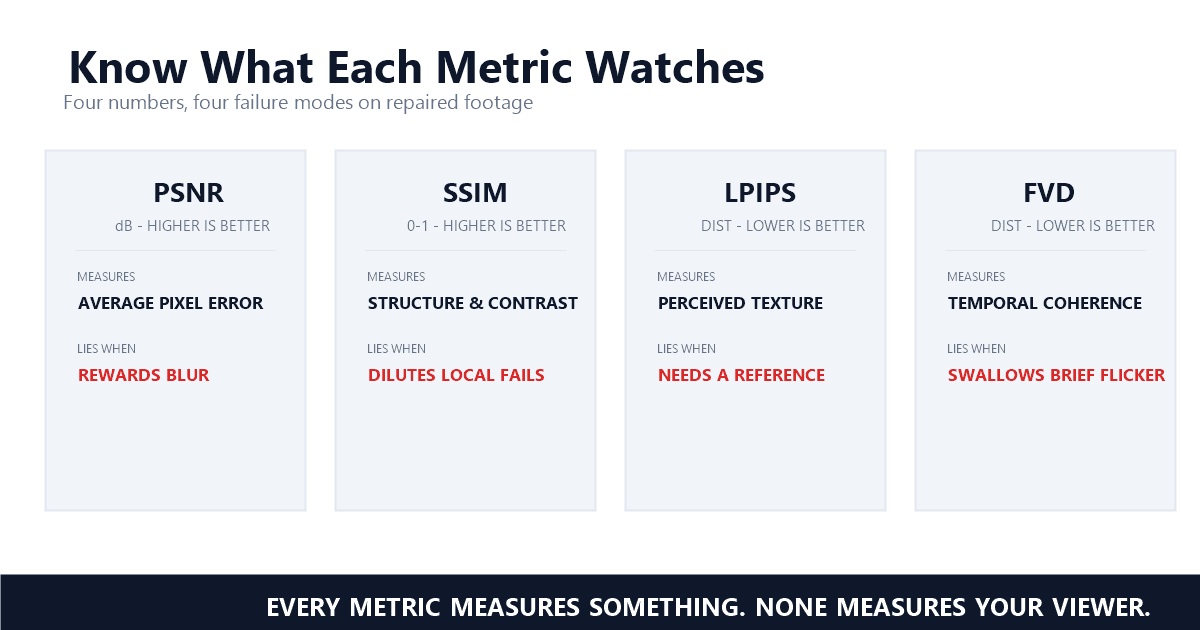 A metric map for creators: what each of PSNR, SSIM, LPIPS, and FVD measures, which direction is better, and where each one misleads on repaired footage