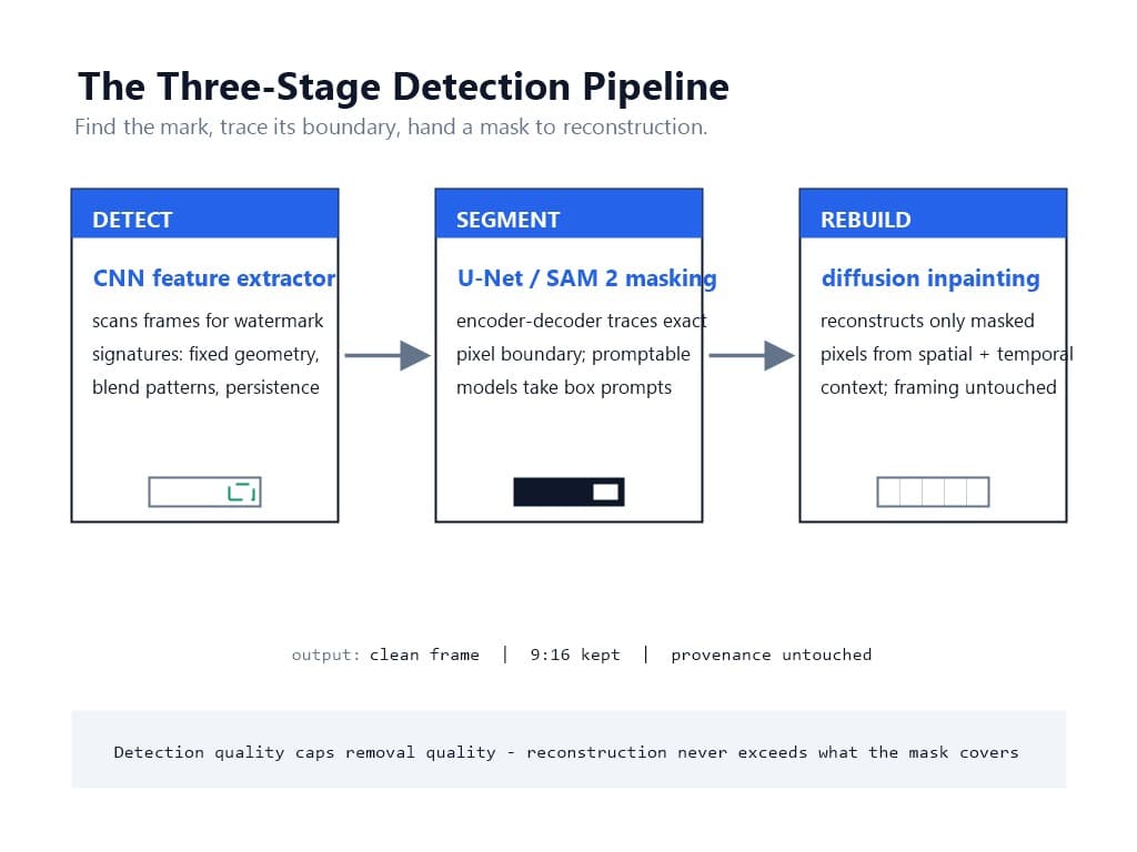 Diagram of the three-stage detection pipeline: CNN detection, U-Net and SAM 2 mask segmentation, and diffusion inpainting reconstruction with arrows between stages