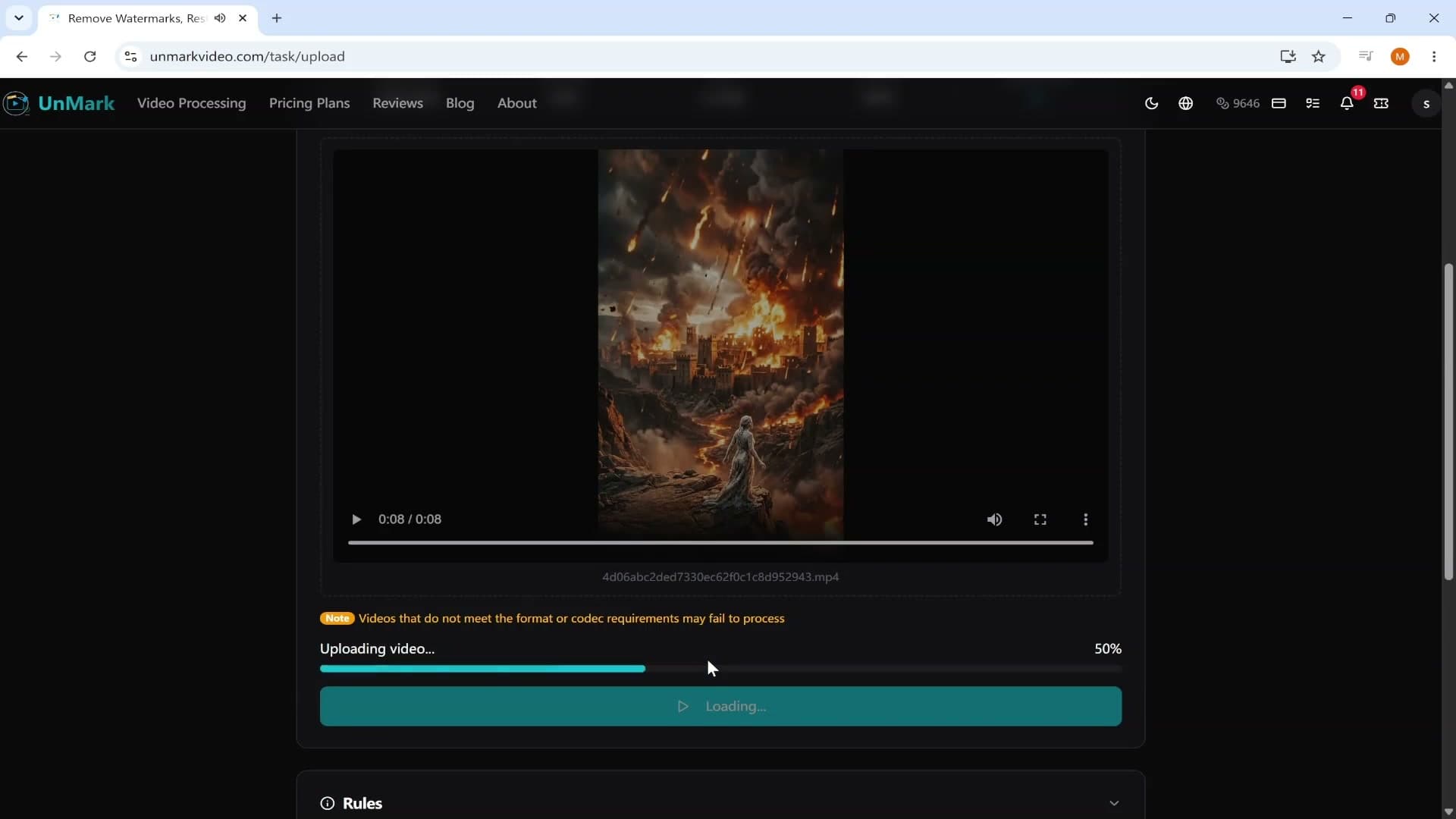 UnMark AI processing interface during 48-second watermark removal