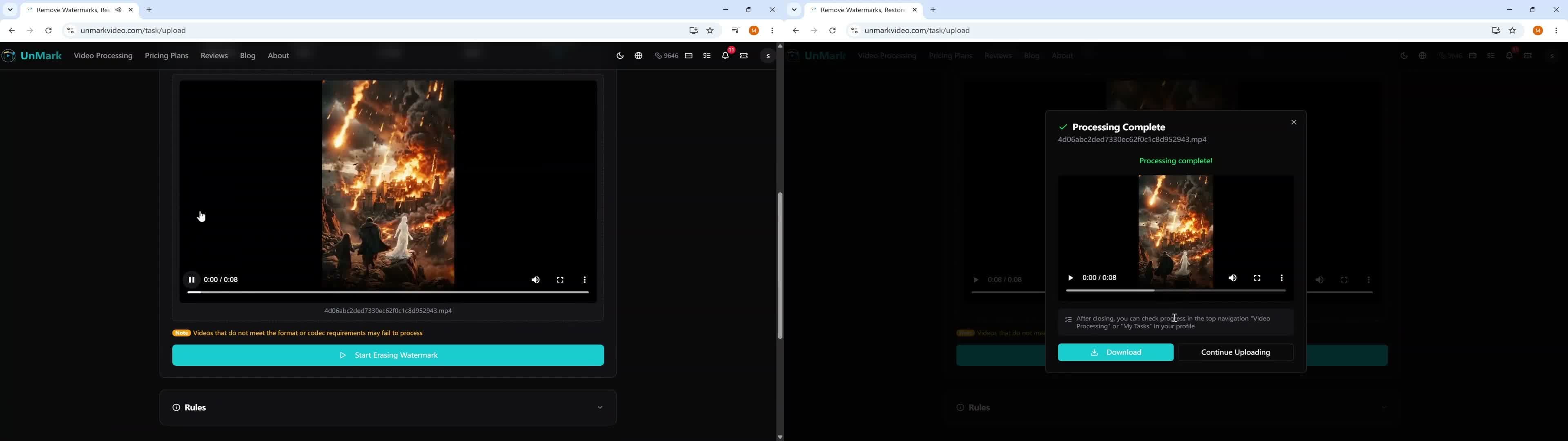 Before and after comparison of UnMark removing Google Veo video watermark