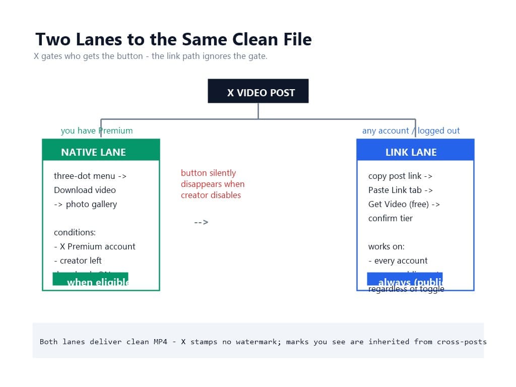 Two-lane diagram of X video downloads: green native lane for Premium subscribers on creator-enabled posts versus blue link lane working for every account on every public post
